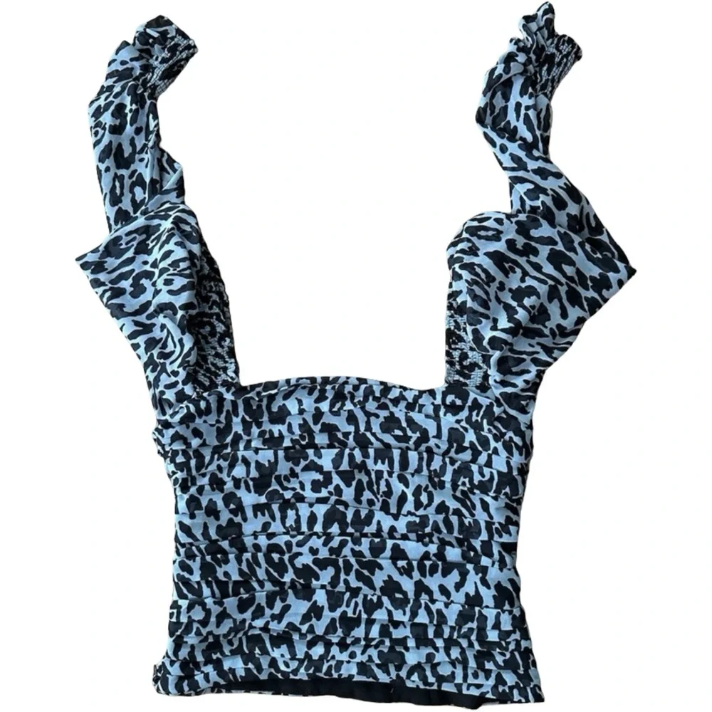 ZARA Womens Blue Animal Print Balloon Long Sleeve Pleated Crop Blouse Top Small